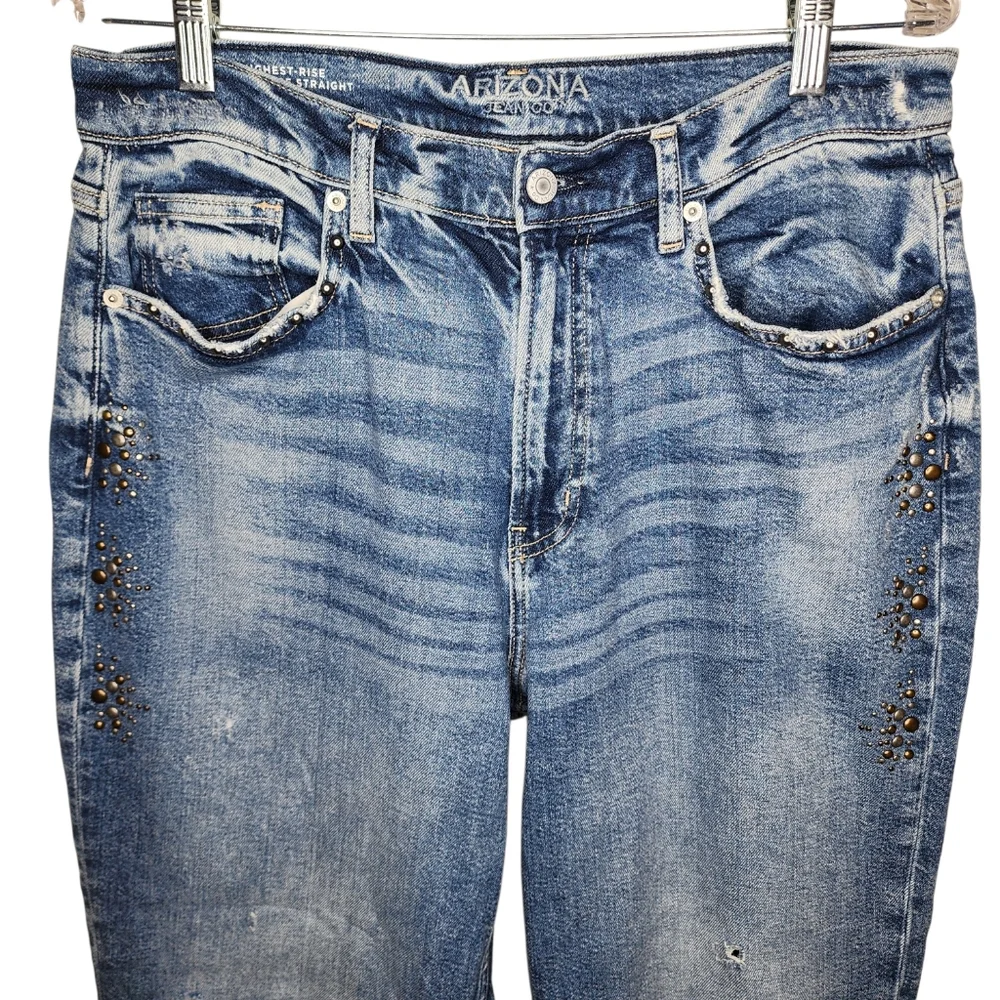 Arizona Jean Co Highest Rise Straight Leg Studded Distressed Jeans Blue Women 12